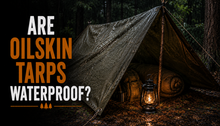 Oilskin tarp shelter set up as an A-frame tent during a rainstorm in the woods