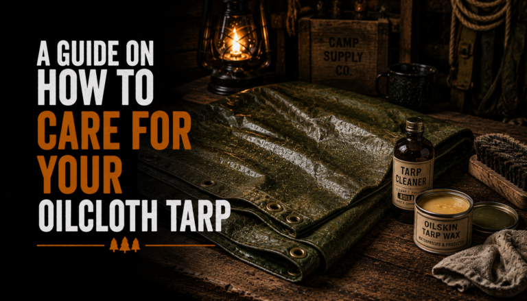 Oilcloth tarp on a rustic workbench with cleaning and waxing supplies used for maintenance and waterproofing