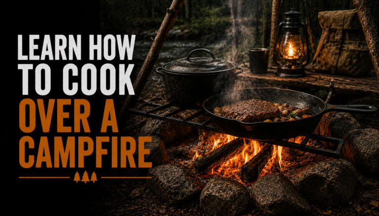 Cast iron skillet and Dutch oven cooking over an open campfire at a rustic campsite