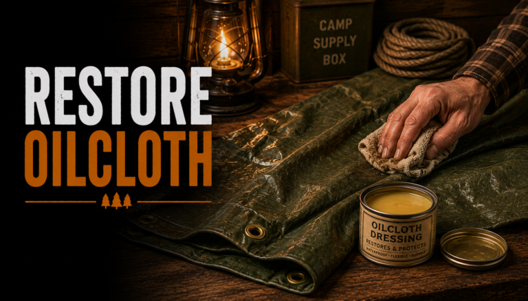 Restoring and treating oilcloth fabric on a rustic workshop workbench