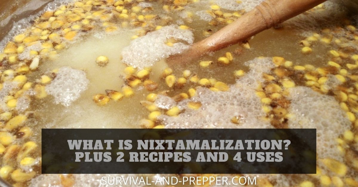 Pot of lye water and corn beginning nixtamalization process