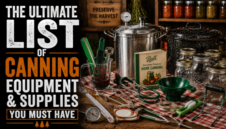 Essential home canning equipment including jars, canner, jar lifter, funnel, thermometer, and canning tools on a rustic table