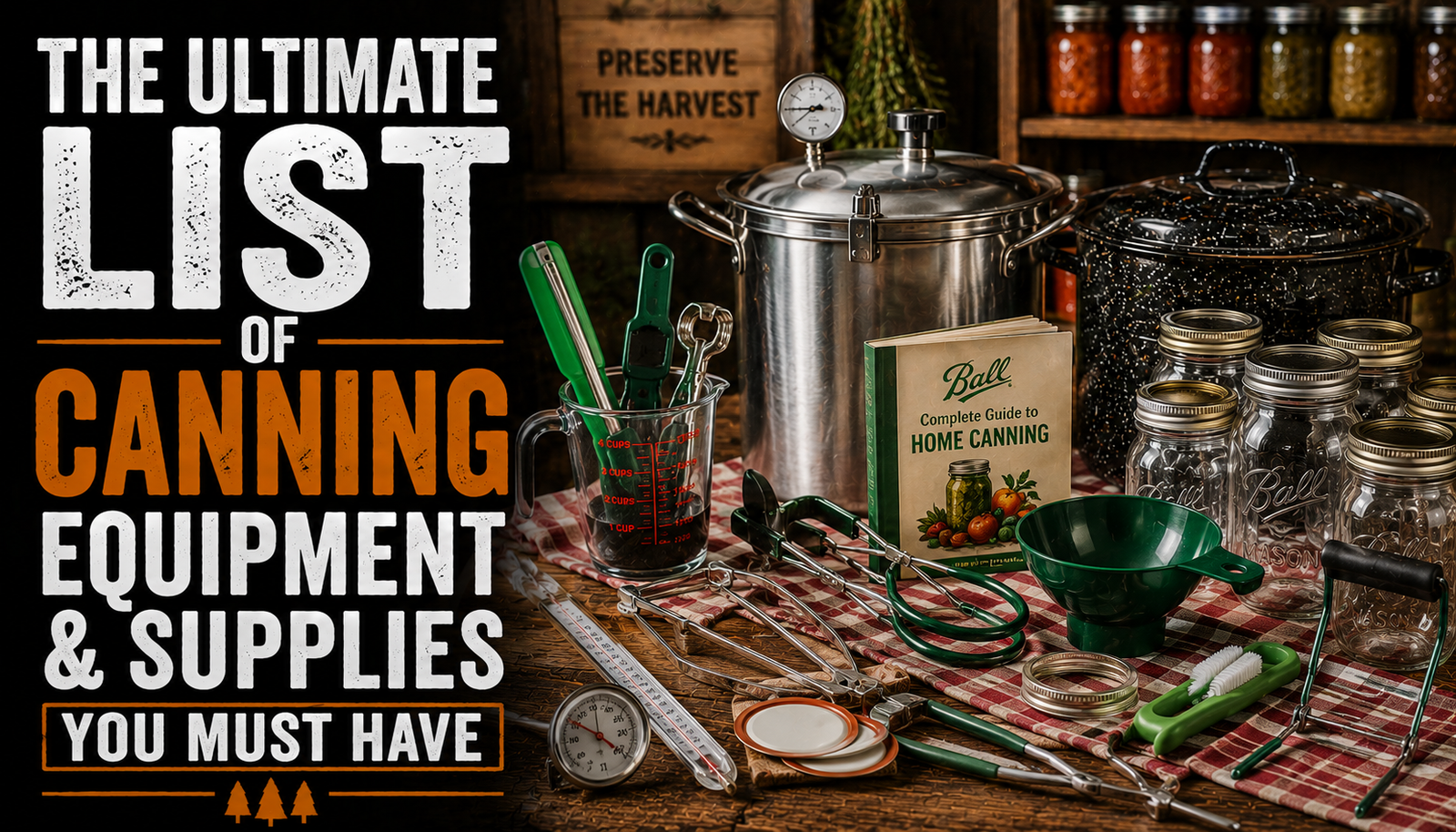 Essential home canning equipment including jars, canner, jar lifter, funnel, thermometer, and canning tools on a rustic table
