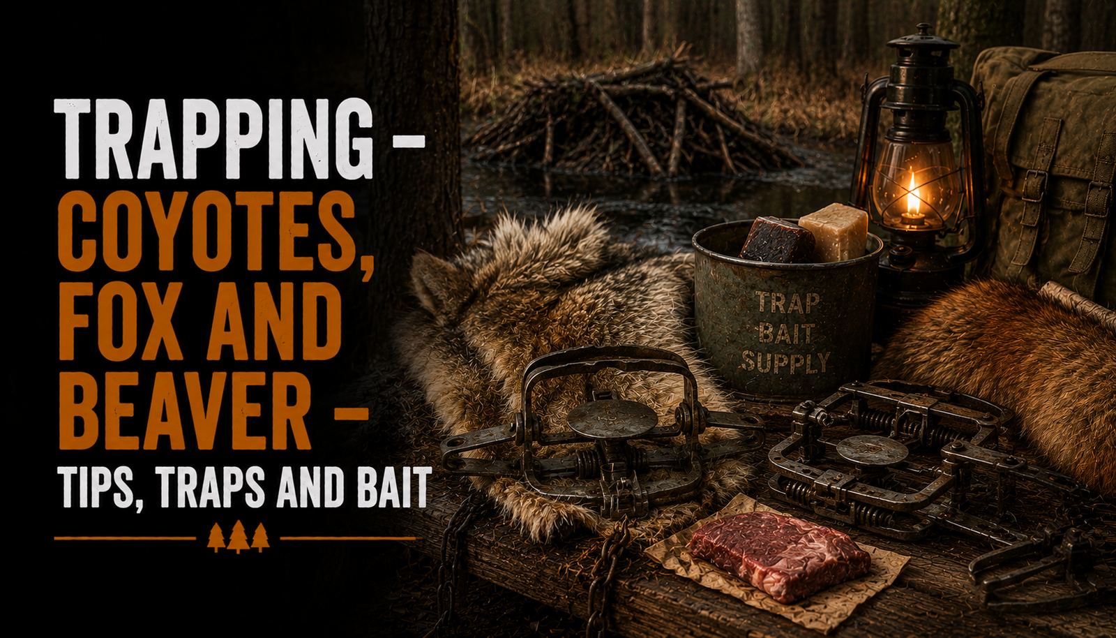 Trapping equipment, bait, and furs displayed beside a beaver pond in a wilderness setting