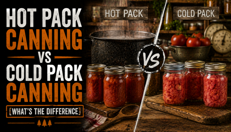 Hot pack and cold pack canning comparison showing cooked tomatoes, raw tomatoes, and jars prepared with both methods